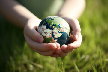World environment and Earth Day concept hand holding globe. Generative ai.