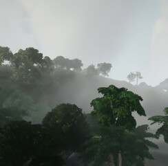 Foggy and misty abundant tropical rainforest on the hill landscape, Peaceful natural scene designed by generative ai.