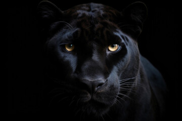 Close-up on a black panther eyes on black - obrazy, fototapety, plakaty