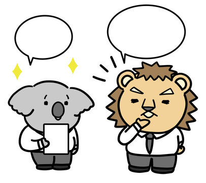 説明をするコアラとライオンの会社員