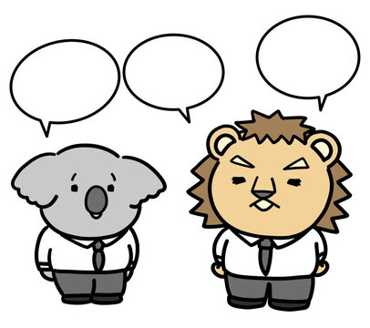 会話をするコアラとライオンの会社員