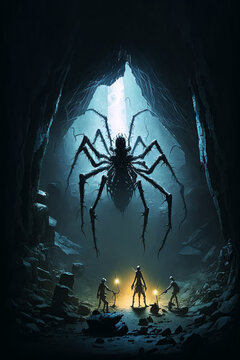 giant spider monster in cave at night. Spider phobia and nightmares. Generative AI illustration