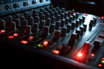 Fototapeta na wymiar Sound mixer closeup with glowing lights at club party - Generative AI