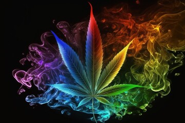 Generative AI of ganja leaf immersed in a whirl of multicolored smoke concept for vibrant marijuana art and creativity, hashish and the seventies revolution, colourful cannabis culture and lifestyle - obrazy, fototapety, plakaty