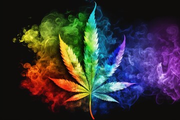 Generative AI of colorful rainbow-infused fumes encircling a cannabis leaf concept for pastel colours in hallucinogenic art, rainbow psychedelic smoke, medicinal herb guide for holistic health - obrazy, fototapety, plakaty