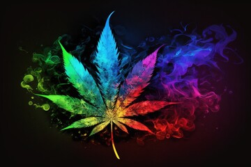 Generative AI of marijuana leaf encircled by vibrant rainbow smoke concept for retro dope pharmacy: a nostalgic look, medical cannabis: a natural remedy, glowing neon pot party decorations