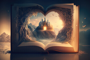 Magic Book. Open Book. Fairy tale and stories book. Fairyland book with a magical castle. Fantastic reading world. Reading and imagination concept - obrazy, fototapety, plakaty