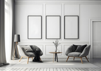A room three blank white wall frames mockup, Generative AI
