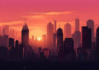 Obraz premium A city skyline with a large sun in the sky. The sun is setting and the sky is a beautiful orange color