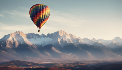 A colorful hot air balloon floating gracefully over a stunning mountain range bathed in the warm glow of the setting sun, symbolizing adventure and the beauty of exploration