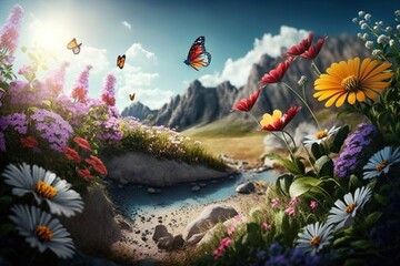 Beautiful fantasy landscape with flowers and butterflies