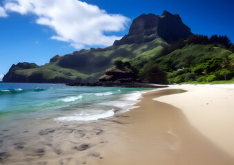 Obraz premium A breathtaking landscape capturing the untouched beauty of a sandy beach with lush green dunes, crystal clear waves, and a dramatic mountain backdrop under a clear blue sky