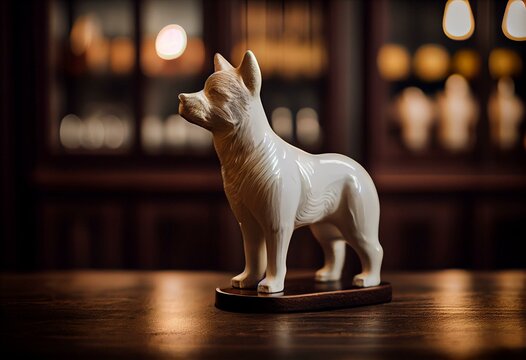 porcelain dog stands on a wooden table. blurred room background. ai generated. Generative AI