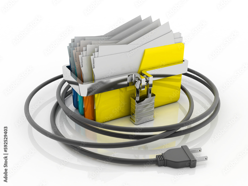 Poster 3d rendering yellow folder and lock with cable