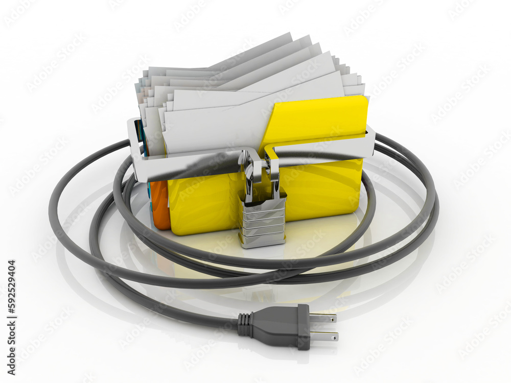 Poster 3d rendering yellow folder and lock with cable