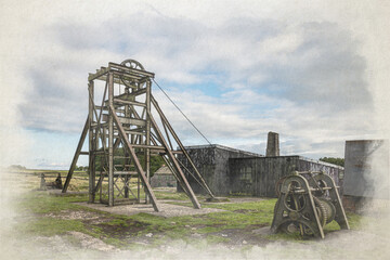 Magpie Mine digital watercolour painting. Abandoned, ruined lead mine in the Peak District National Park.