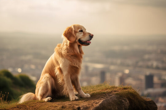Beautiful Golden Retriever dog on a hill, overlooking the city