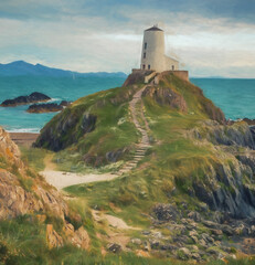Digital painting of the Llanddwyn island lighthouse, Twr Mawr at Ynys Llanddwyn on Anglesey, North Wales.