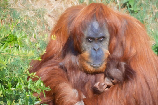 Digital painting of an Orangutan holding a baby