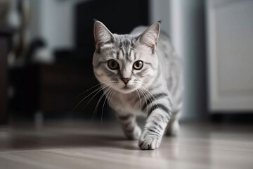 Cute Cat Running in Home Background. Pet Animal in House Room