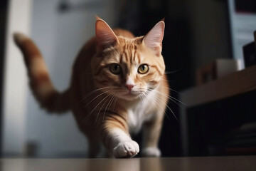 Cute Cat Running in Home Background. Pet Animal in House Room