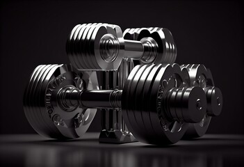 Fototapeta na wymiar 3d illustration of metal dumbbells for fitness and bodybuilding on stand on gray background with shadow. Generative AI