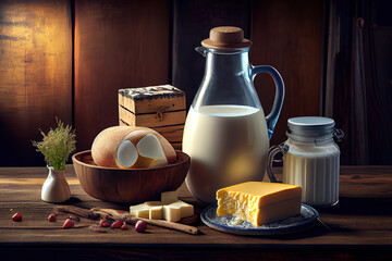 Dairy products on rustic wooden table. Generative Ai