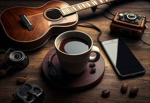 Photo music objects with guitar, gadget and coffee on the table in classic style. Beautiful electric guitar on with headphones and desktop musical creativity concept. World music day