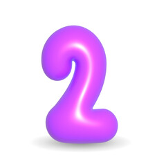Glossy, colorful and luxury mauve balloon number two. 3d realistic design element isolated on white and alpha background. For Happy Birthday, Party, Sales.