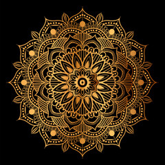 golden mandala design with a black background.