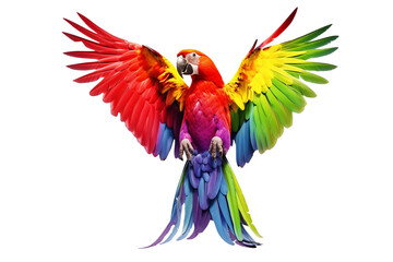 Obraz premium Beautiful colorful parrot flying, wings spread, front view, isolated. PNG file with transparency. Generative Ai