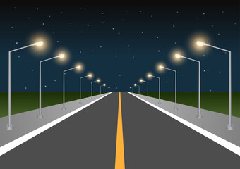 Empty Asphalt Road or Highway Road with Street Lamp Post at Night. Vector Illustration. 