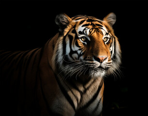 Fototapeta premium Detailed portrait of a tiger's face, isolated on black background. generative ai