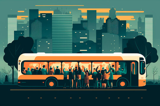 Public transport flat illustration with the crowd at rush hour. Passengers of trolleybus, streetcar cartoon characters. Young men and women standing, holding the handrails in the bus. Generative AI.