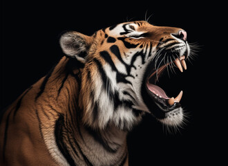 Detailed portrait of a roaring tiger's face, isolated on black background. generative ai