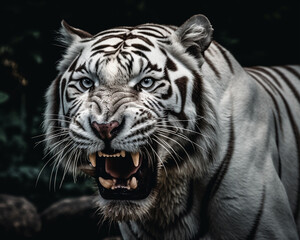 Detailed portrait of a roaring white tiger face, isolated on black background. generative ai