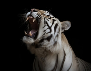 Detailed portrait of a roaring white tiger face, isolated on black background. generative ai