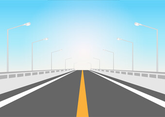 Highway or Motorway. Empty Asphalt Road with Street Lamp Post to the City at Night. Vector Illustration. 
