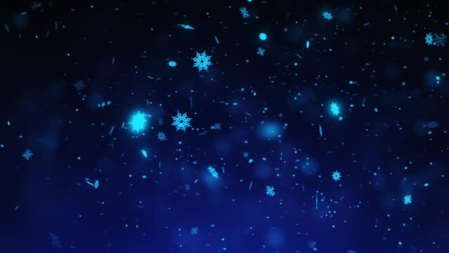 Falling Glowing Blue Snowflakes Animation. Abstract Festive Background. Weather Condition. 4K