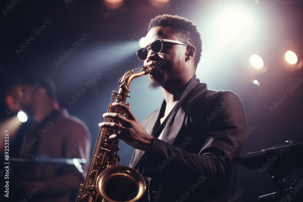 Wall mural A black jazz artist playing the saxophone on stage. Generate AI