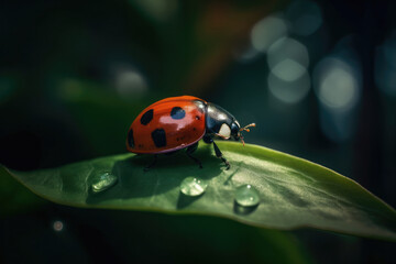 Fototapeta premium Ladybug on a leaf in the field. Generate AI