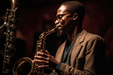 A black jazz artist playing the saxophone on stage. Generate AI
