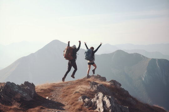 Hikers with backpacks jumping with arms up on top of a mountain. Generate AI