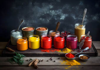 Set against a rustic wooden backdrop, the arrangement includes fresh chilies, spices, and a scoop of turmeric, creating an atmosphere of culinary tradition and flavor exploration