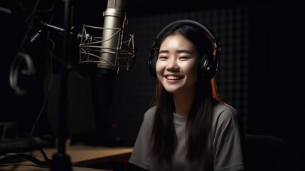 Fototapeta na wymiar Young asian karaoke woman with headphone and microphone in recording studio, Generative AI