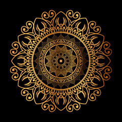 golden mandala design with a black background.
