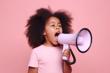 Naklejka premium Little african american girl shouting through megaphone on pink background, Generative AI