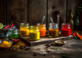 Set against a rustic wooden backdrop, the arrangement includes fresh chilies, spices, and a scoop of turmeric, creating an atmosphere of culinary tradition and flavor exploration