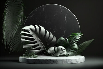 Green leaves and Marble Base background for cosmetic beauty product promotion