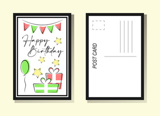 Happy birthday post cards templates. Vector hand drawn elements in frame on white background. Best for greeting cards, print and festive decoration.